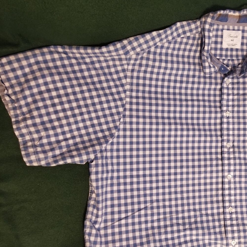 blue gingham Roundtree & Yorke 4XT men's cotton short sleeve shirt - Picture 2 of 7